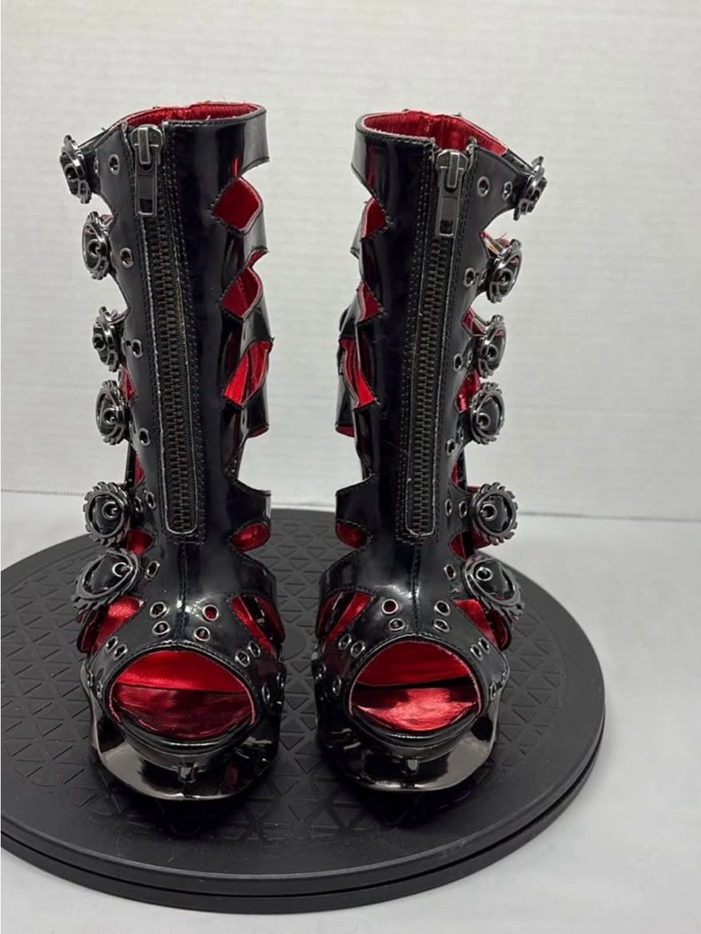 Gothic Black & Red Strappy High Heel Booties - Picture 4 of 6